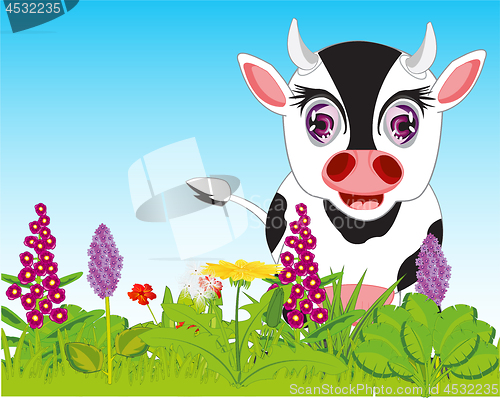 Image of Pets animal cow grazes on year meadow