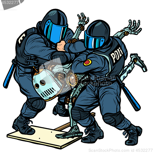 Image of Fighting the future. Police arrest a protesting robot