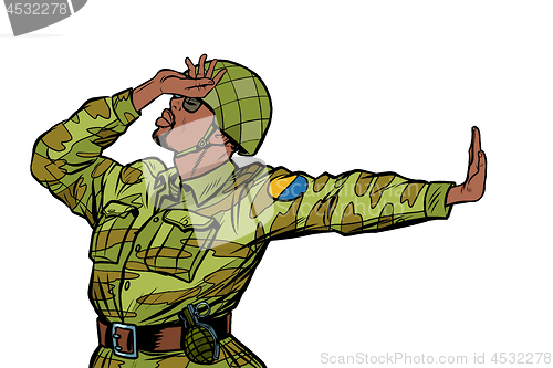 Image of soldier in uniform shame denial gesture no. anti militarism pacifist
