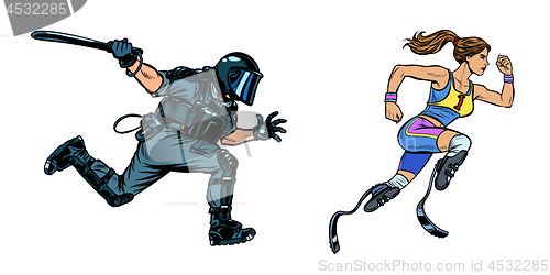Image of female runner athlete with a disability. riot police with a baton