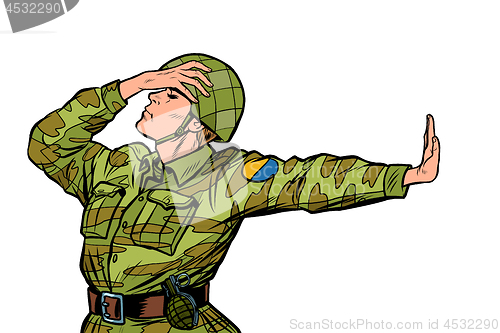 Image of Caucasian soldier in uniform shame denial gesture no. anti militarism pacifist