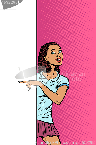 Image of African girl student points to copy space poster advertising