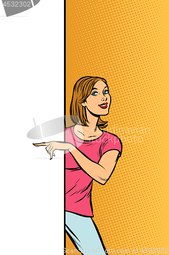 Image of girl woman points to copy space poster advertising