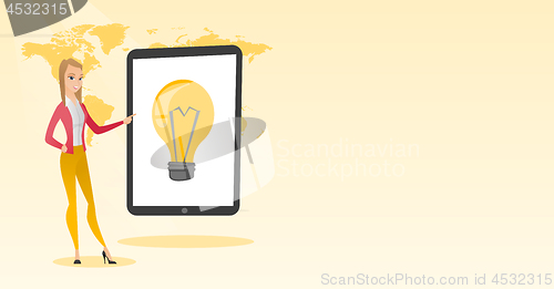 Image of Caucasian woman pointing at a big tablet computer.