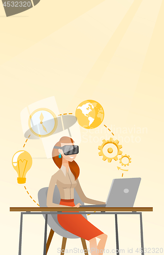 Image of Business woman in vr headset working on a computer