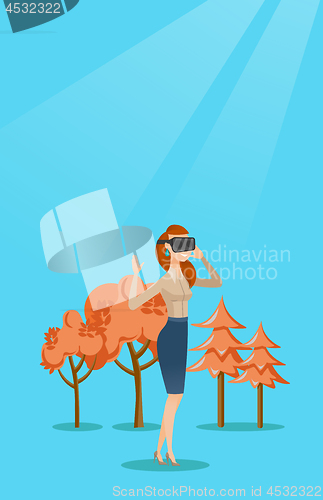 Image of Woman wearing virtual reality headset in the park.