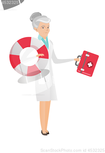 Image of Paramedic running with first aid box and lifebuoy.