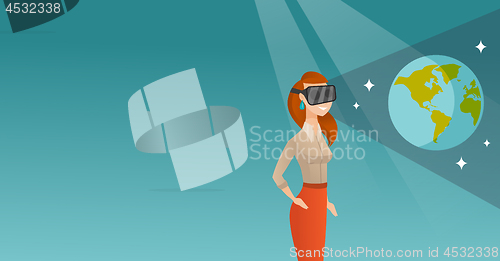 Image of Young woman in vr headset getting in open space.