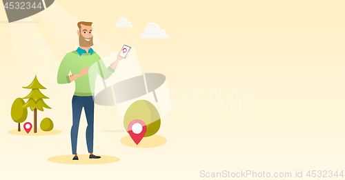Image of Caucasian man playing action game on smartphone.
