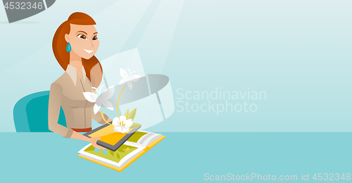 Image of Young woman holding tablet computer above the book