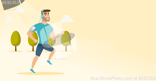 Image of Young man running with earphones and smartphone.