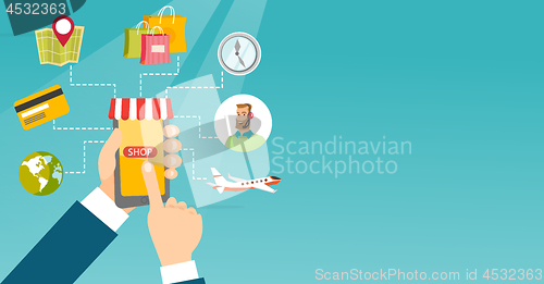 Image of Hands holding phone connected with shopping icons.