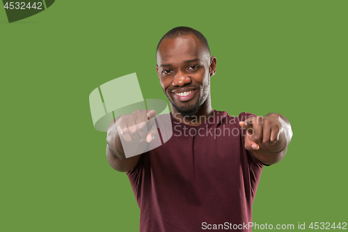 Image of The happy business man point you and want you, half length closeup portrait