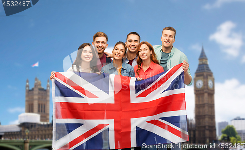 Image of group of friends with british flag over big ben