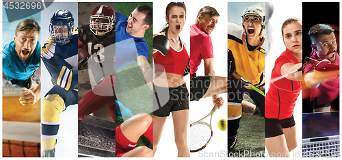 Image of Sport collage about soccer, american football, badminton, tennis, boxing, ice and field hockey, table tennis