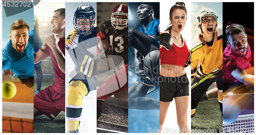 Image of Sport collage about soccer, american football, basketball, tennis, boxing, ice and field hockey, table tennis