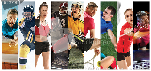 Image of Sport collage about soccer, american football, badminton, tennis, boxing, ice and field hockey, table tennis