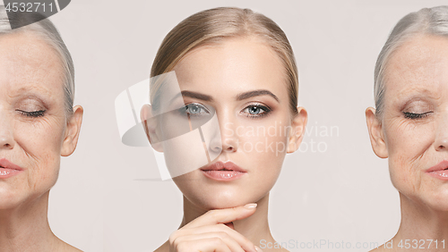 Image of Comparison. Portrait of beautiful woman with problem and clean skin, aging and youth concept, beauty treatment