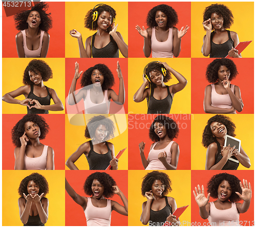 Image of Collage about surprised and happy beautiful afro woman