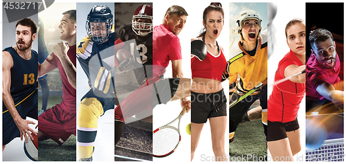 Image of Sport collage about soccer, american football, badminton, tennis, boxing, ice and field hockey, table tennis