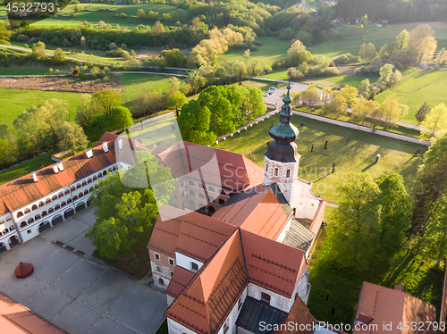 Image of Aerial view of Cistercian monastery Kostanjevica na Krki, homely appointed as Castle Kostanjevica, Slovenia, Europe