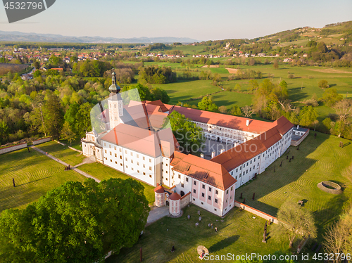 Image of Aerial view of Cistercian monastery Kostanjevica na Krki, homely appointed as Castle Kostanjevica, Slovenia, Europe