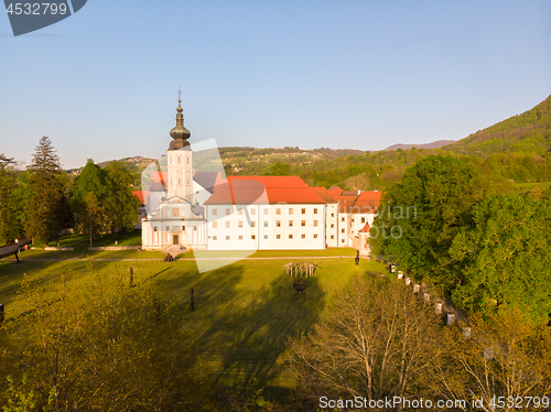 Image of Aerial view of Cistercian monastery Kostanjevica na Krki, homely appointed as Castle Kostanjevica, Slovenia, Europe