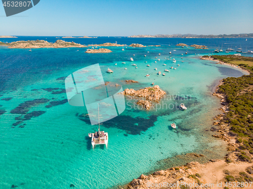 Image of Drone aerial view of catamaran sailing boat in Maddalena Archipelago, Sardinia, Italy.