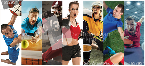 Image of Sport collage about soccer, american football, basketball, tennis, boxing, field hockey, table tennis
