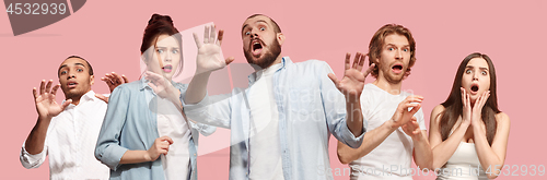 Image of Group of frightened people, woman and man stressful keeping hands on head, terrified in panic, shouting