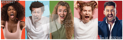 Image of Angry people screaming. The collage of different human facial expressions, emotions and feelings of young men and women.