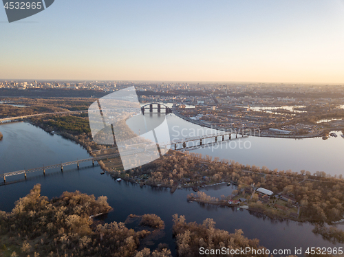 Image of Panoramic view of the right bank of Kiev.Data of the Dnieper with bridges and industrial district of Kiev