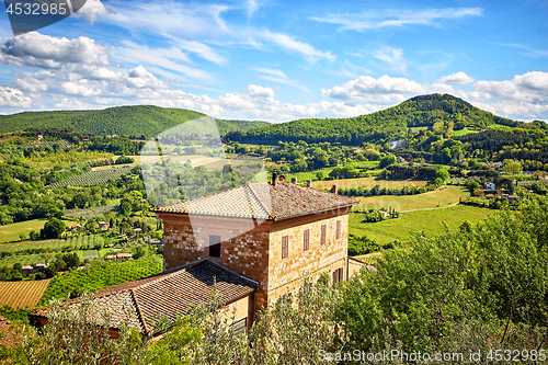 Image of View over the Tuscan countryside and the town of Montepulciano, 