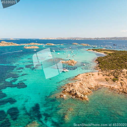 Image of Drone aerial view of Razzoli, Santa Maria and Budelli islands in Maddalena Archipelago, Sardinia, Italy.