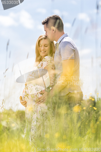 Image of Young happy pregnant couple hugging in nature.