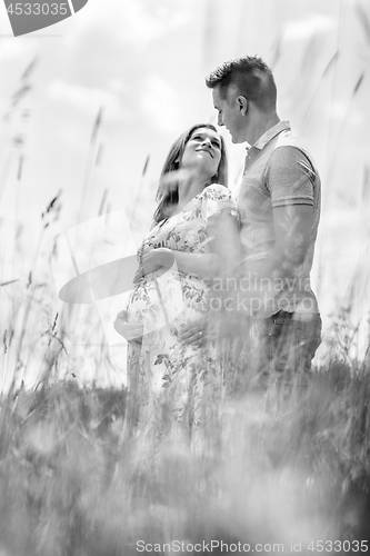 Image of Young happy pregnant couple hugging in nature.