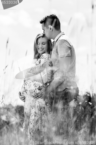 Image of Young happy pregnant couple hugging in nature.