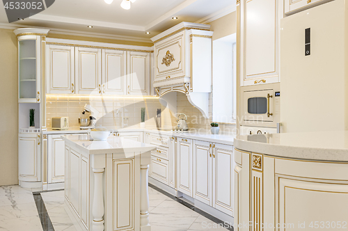 Image of neoclassic style luxury kitchen interior with island