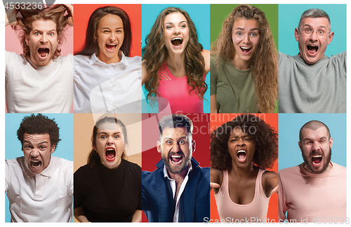 Image of Angry people screaming. The collage of different human facial expressions, emotions and feelings of young men and women.