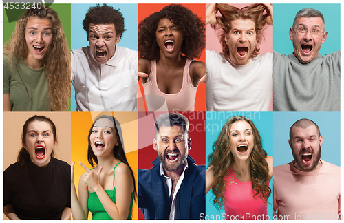 Image of Angry people screaming. The collage of different human facial expressions, emotions and feelings of young men and women.