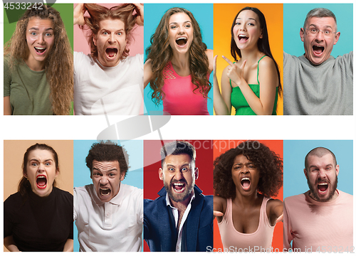 Image of Angry people screaming. The collage of different human facial expressions, emotions and feelings of young men and women.