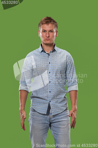 Image of The serious businessman standing and looking at camera against green background.