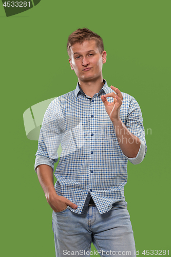 Image of The happy businessman standing and smiling against green background.