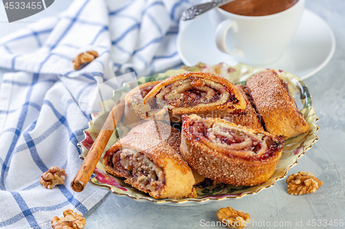 Image of Rolls with jam, walnuts and raisins. Jewish cuisine.