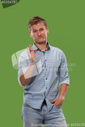 Image of The happy businessman standing and smiling against green background.