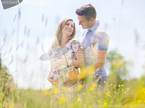 Image of Young happy pregnant couple hugging in nature.