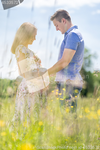 Image of Young happy pregnant couple hugging in nature.