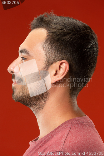 Image of The happy business man standing and smiling against red background.