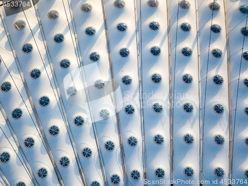 Image of KYIV, UKRAINE - July 19, 2018. National Sports Complex Olympic NSC Olimpiysky. Elements of the stadium construction of the stadium roof.