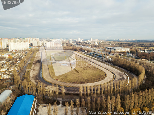 Image of Panoramic aerial view from the drone, a view of the bird\'s eye to the Central Hippodrome of Ukraine in the city of Kiev.